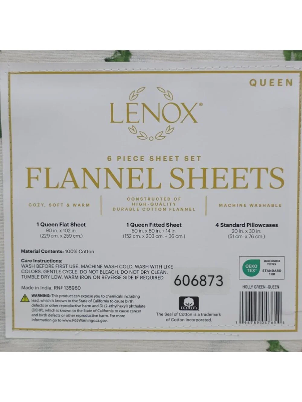 Lenox 6-Piece Queen Flannel Sheet Set With Holly Print 100% Cotton Cozy